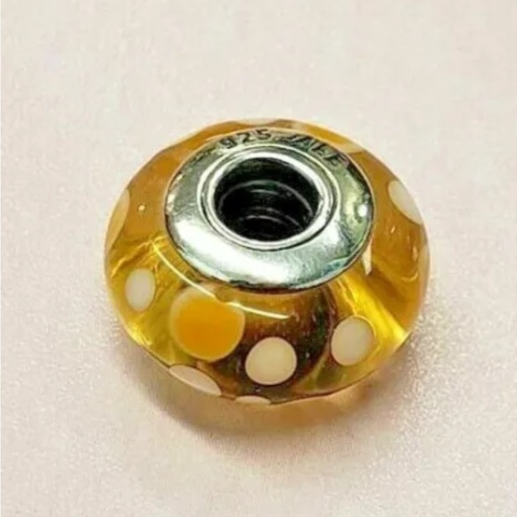 RETIRED PANDORA Sterling Glass Murano Yellow Polka Dot Charm Bead - Picture 1 of 6